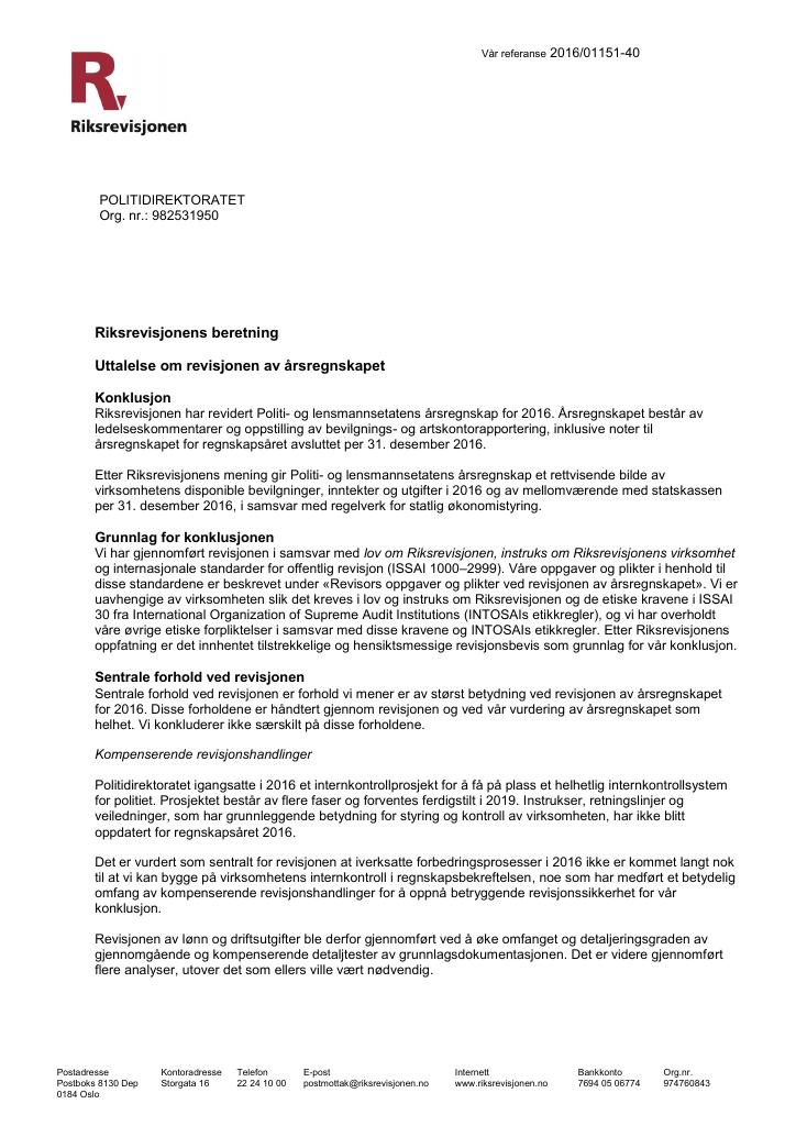Forsiden av dokumentet Revisjonsberetning for Politidirektoratet 2016
