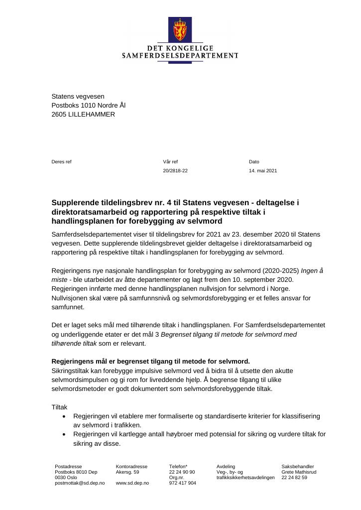Forsiden av dokumentet Tildelingsbrev Statens vegvesen 2021 - tillegg nr. 4