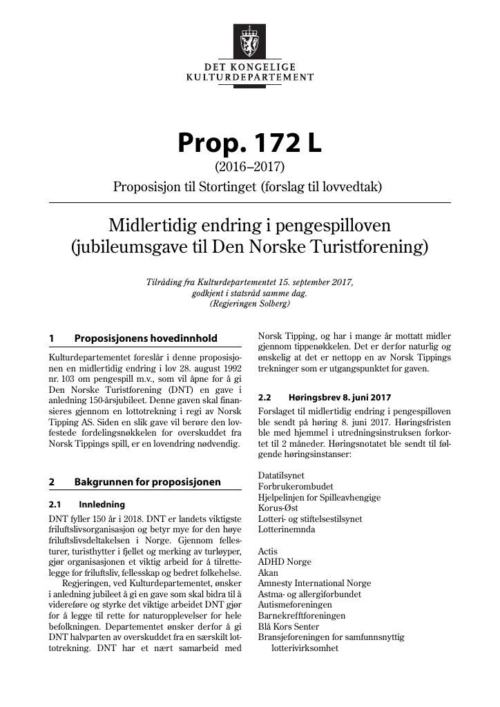 Forsiden av dokumentet Prop. 172 L (2016–2017)