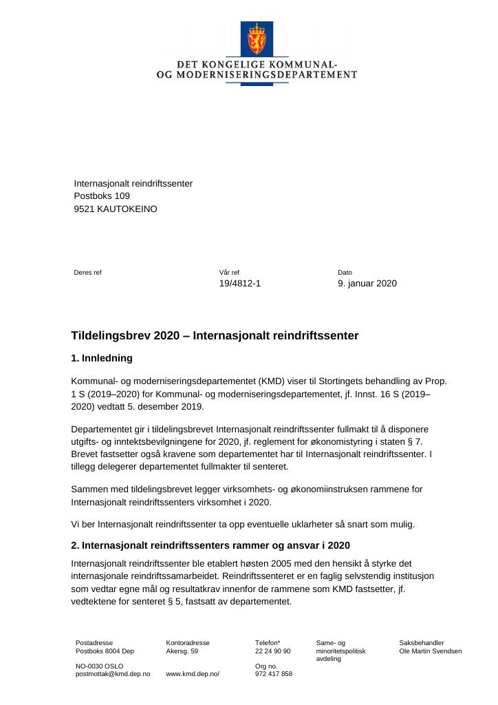 Forsiden av dokumentet Tildelingsbrev Internasjonalt reindriftssenter 2020