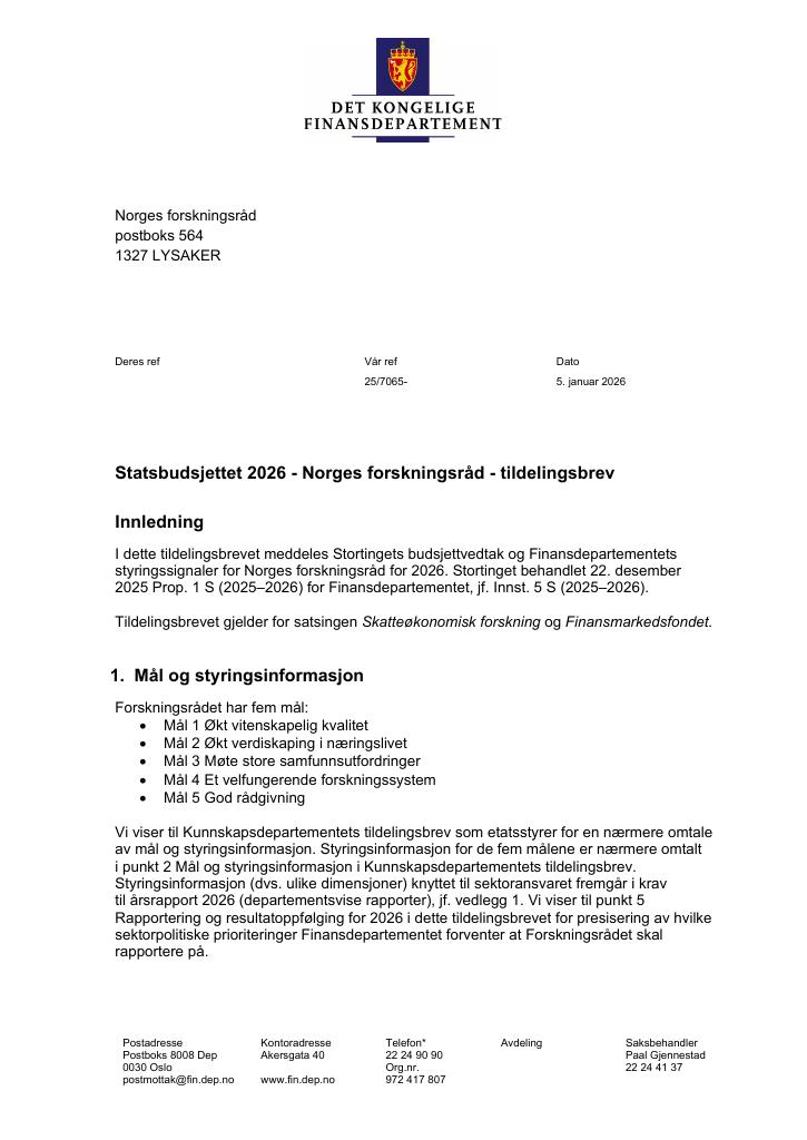 Forsiden av dokumentet Tildelingsbrev Norges forskningsråd 2026