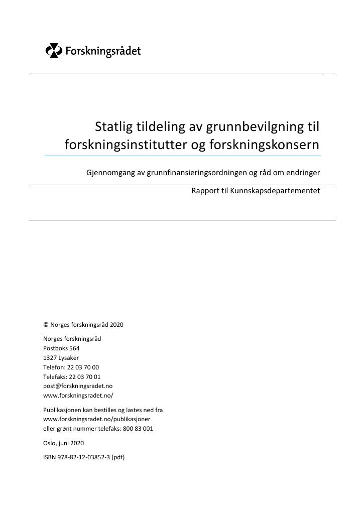 Forsiden av dokumentet Statlig tildeling av grunnbevilgning til forskningsinstitutter og forskningskonsern