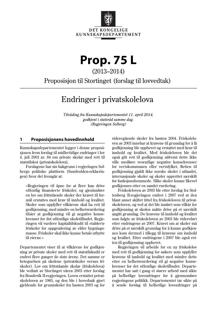 Forsiden av dokumentet Prop. 75 L (2013–2014)