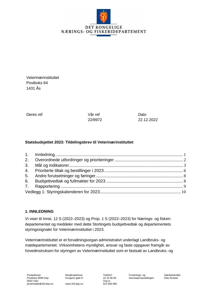 Forsiden av dokumentet Tildelingsbrev Veterinærinstituttet 2023