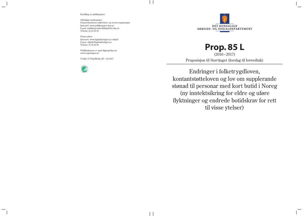 Forsiden av dokumentet Prop. 85 L (2016–2017)