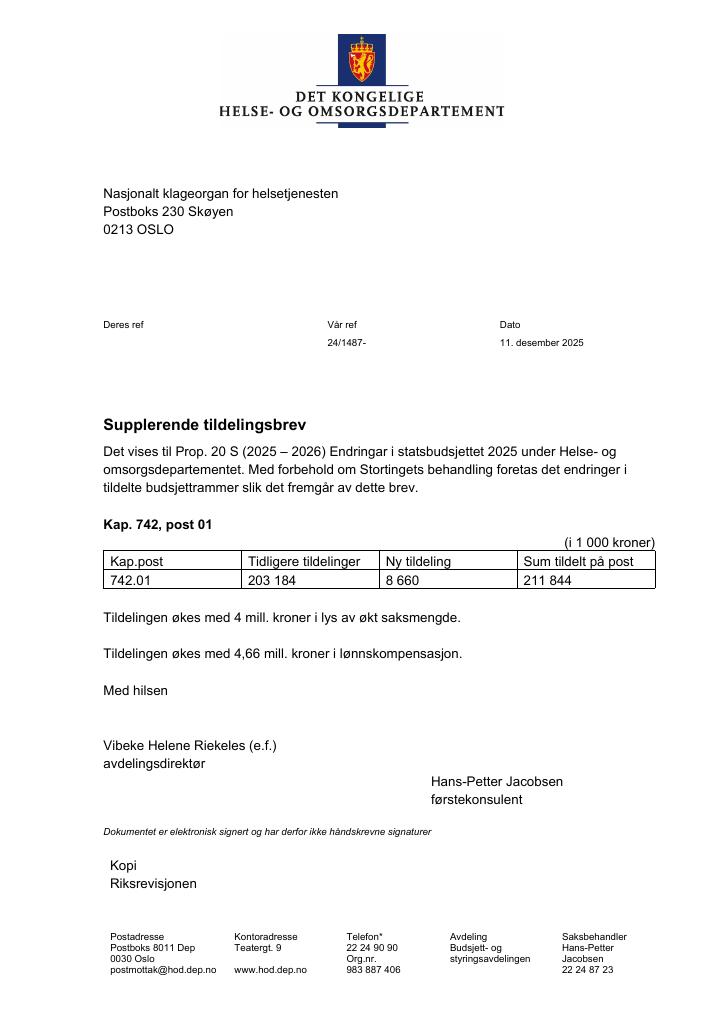 Forsiden av dokumentet Tildelingsbrev Nasjonalt klageorgan for helsetjenesten 2025 - tillegg nr. 2