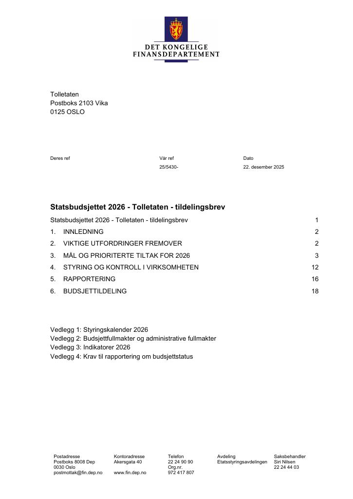 Forsiden av dokumentet Tildelingsbrev Tolletaten 2026