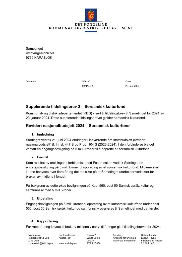 Forsiden av dokumentet Tildelingsbrev Sametinget 2024. - tillegg