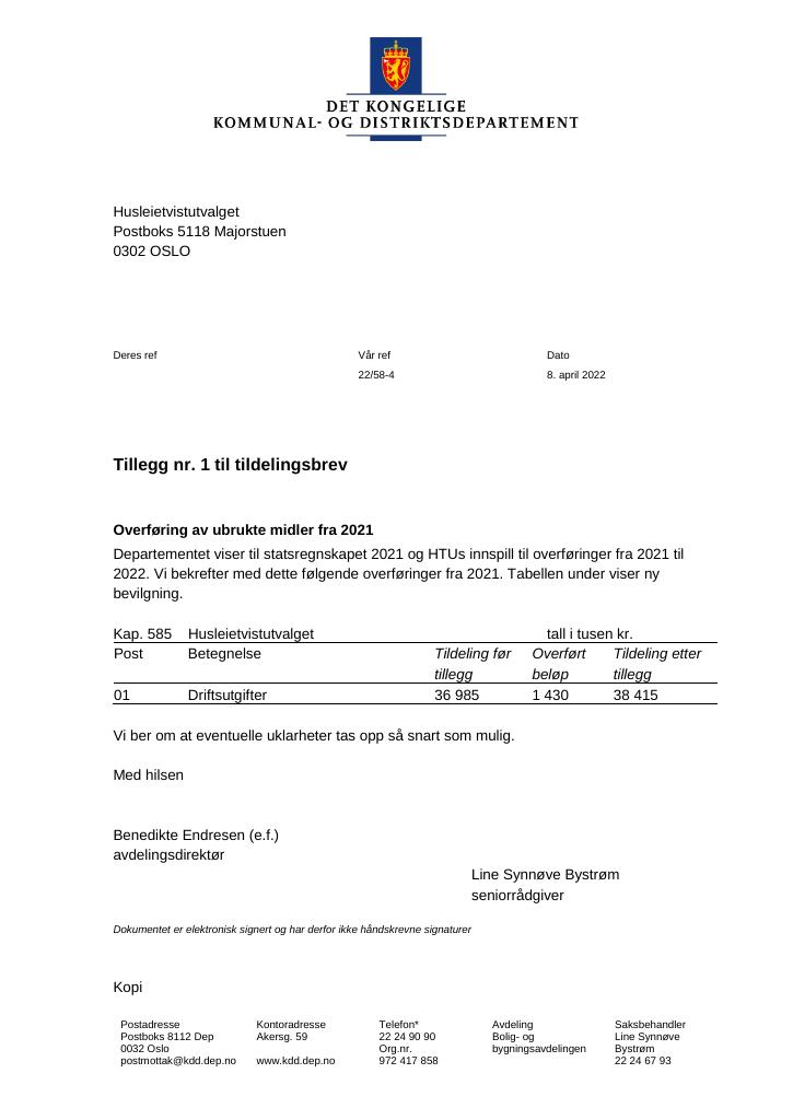 Forsiden av dokumentet Tildelingsbrev Husleietvistutvalget 2022 - tillegg nr. 1