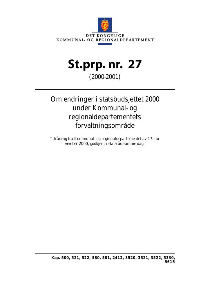 Forsiden av dokumentet St.prp. nr. 27 (2000-2001)