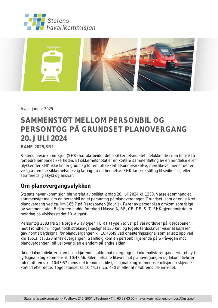 Forsiden av dokumentet Sammenstøt mellom personbil og persontog på Grundset planovergang 20. juli 2024