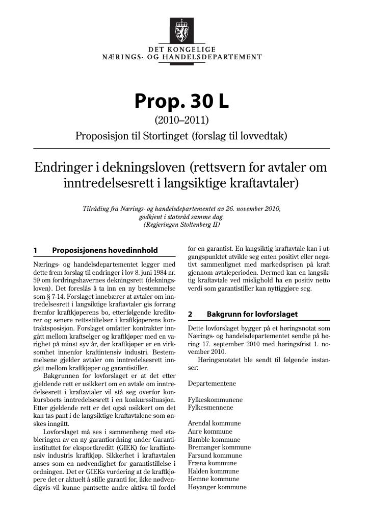 Forsiden av dokumentet Prop. 30 L (2010–2011)