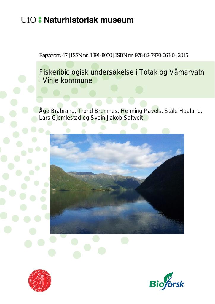 Forsiden av dokumentet Fiskeribiologisk undersøkelse i Totak og Våmarvatn i Vinje kommune