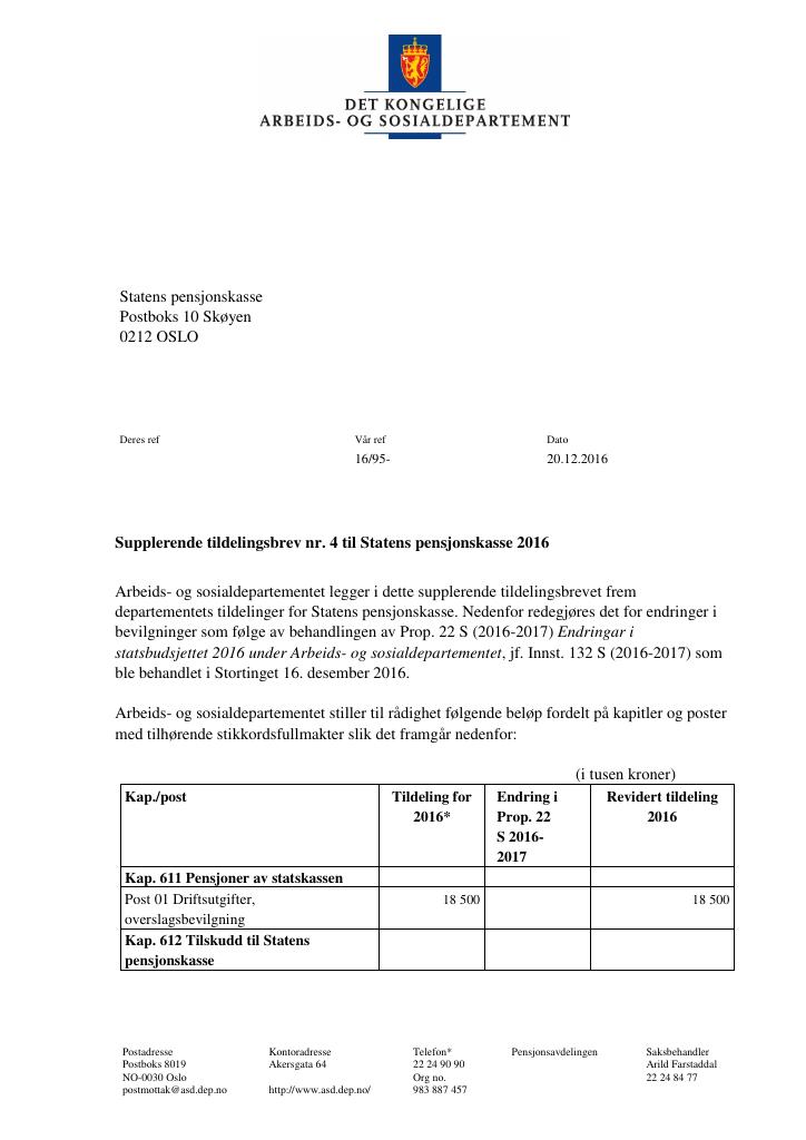 Forsiden av dokumentet Tildelingsbrev Statens pensjonskasse 2016 - tillegg nr. 4