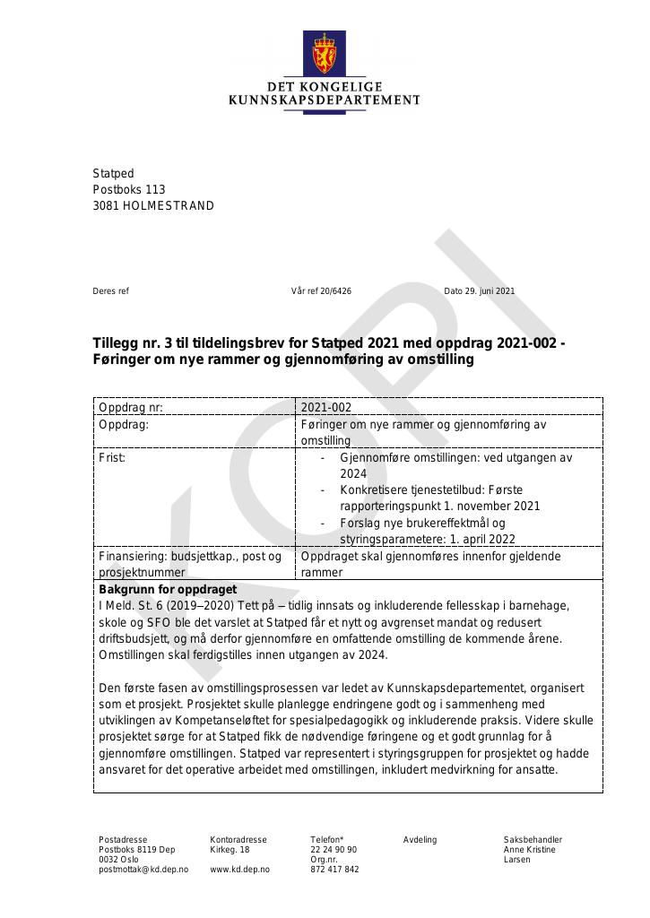 Forsiden av dokumentet Tildelingsbrev Statped 2021 - tillegg nr. 3