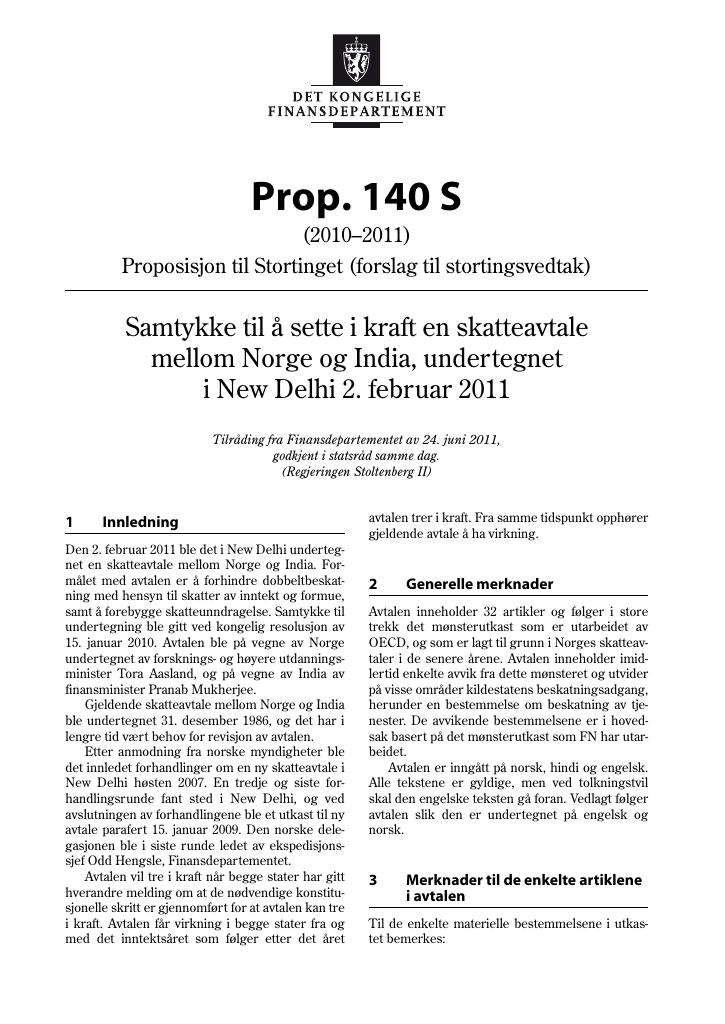 Forsiden av dokumentet Prop. 140 S (2010–2011)