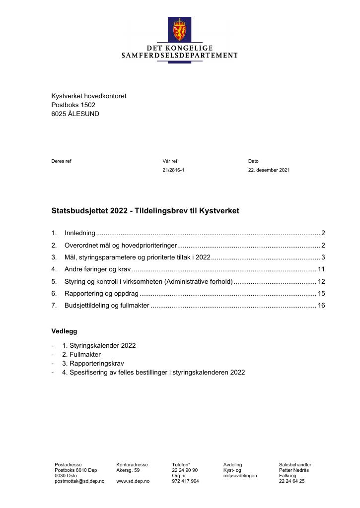 Forsiden av dokumentet Tildelingsbrev Kystverket 2022