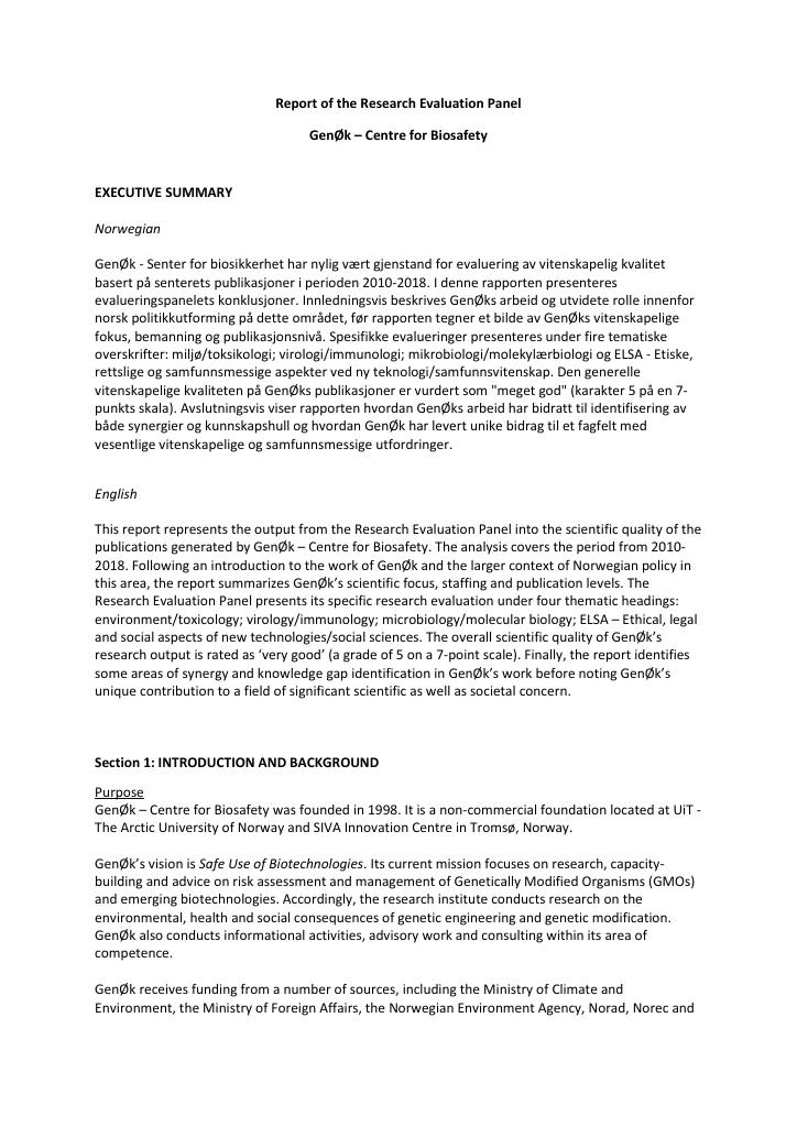 Forsiden av dokumentet Report of the Research Evaluation Panel