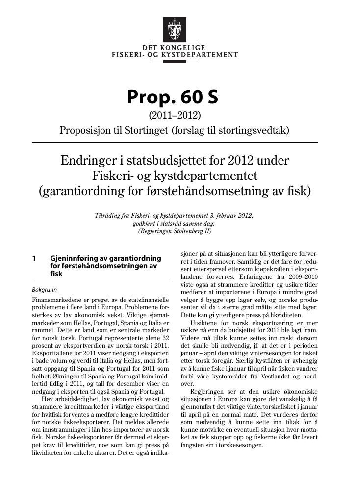 Forsiden av dokumentet Prop. 60 S  (2011–2012)