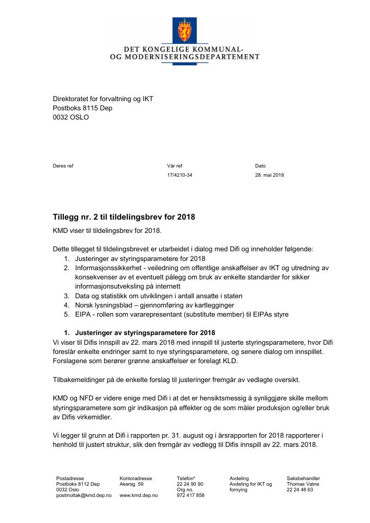 Forsiden av dokumentet Tildelingsbrev Digdir 2018 - tillegg nr. 2