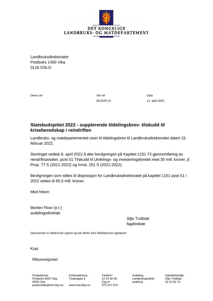 Forsiden av dokumentet Tildelingsbrev Landbruksdirektoratet 2022 - tillegg