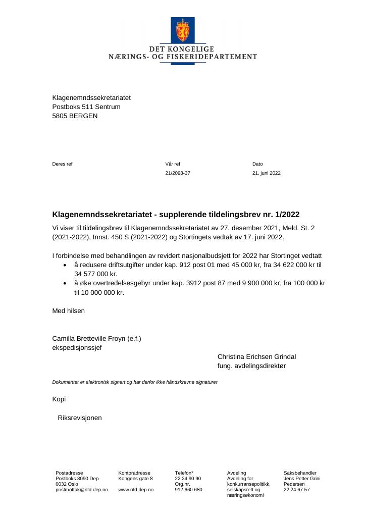 Forsiden av dokumentet Tildelingsbrev Klagenemndssekretariatet 2022 - tillegg nr. 1