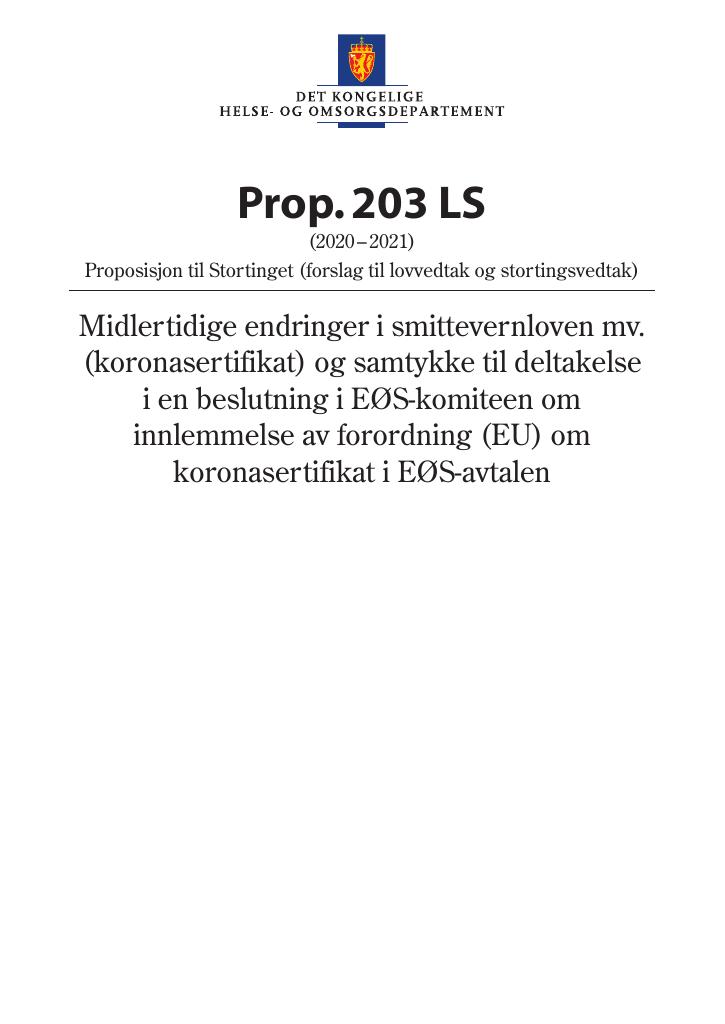 Forsiden av dokumentet Prop. 203 LS (2020–2021)