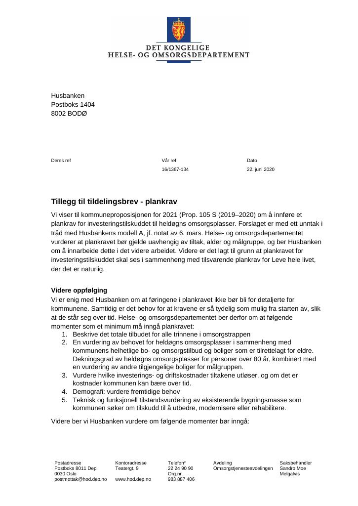 Forsiden av dokumentet Tildelingsbrev Husbanken 2020 - tillegg