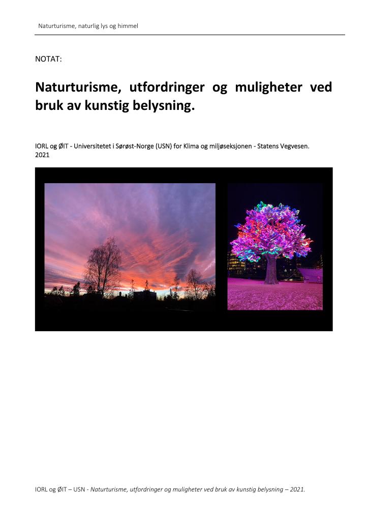 Forsiden av dokumentet Naturturisme, utfordringer og muligheter ved bruk av kunstig belysning