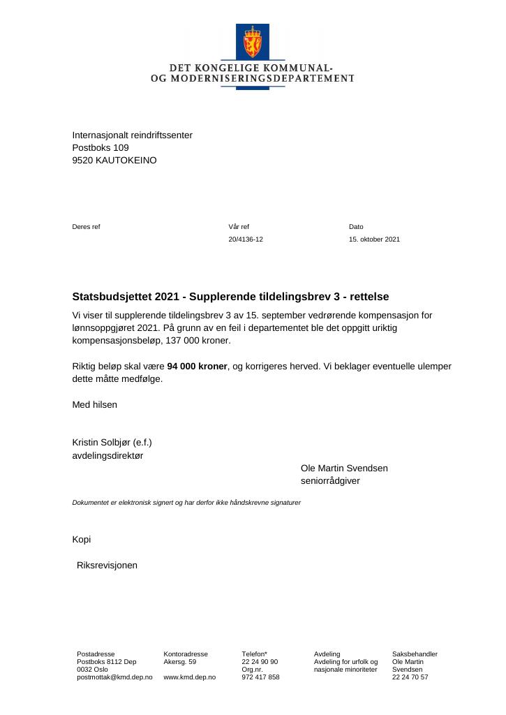 Forsiden av dokumentet Supplerende tildelingsbrev 3 - rettelse.pdf 2021