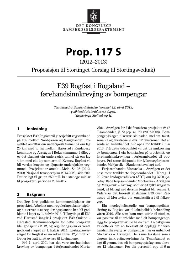 Forsiden av dokumentet Prop. 117 S (2012–2013)