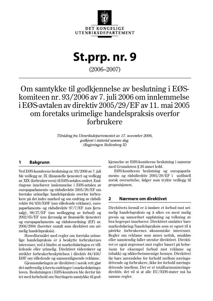 Forsiden av dokumentet St.prp. nr. 9 (2006-2007)