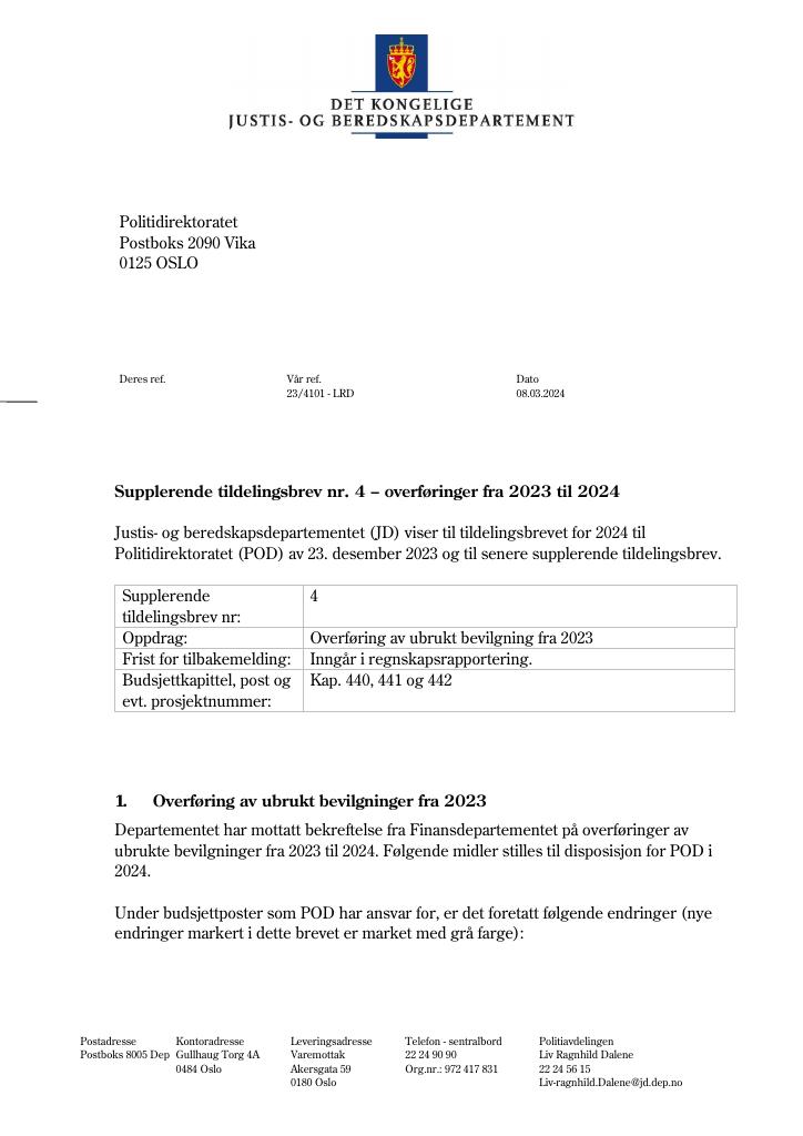 Forsiden av dokumentet Tildelingsbrev Politiet 2024 - tillegg nr. 4