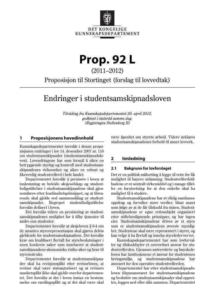 Forsiden av dokumentet Prop. 92 L (2011–2012)