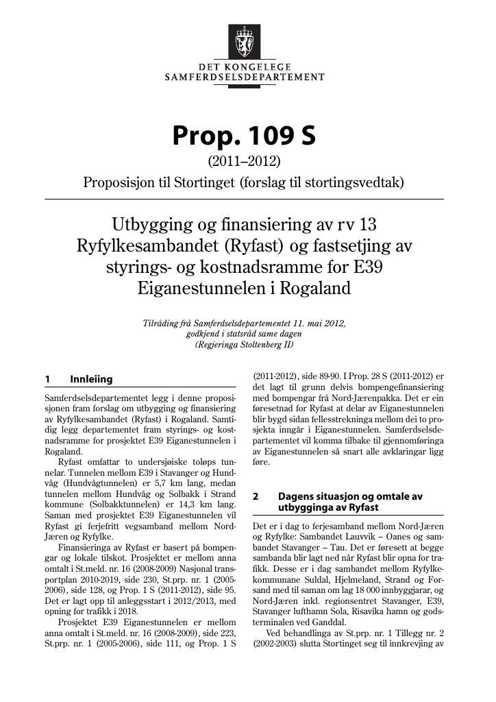 Forsiden av dokumentet Prop. 109 S (2011–2012)