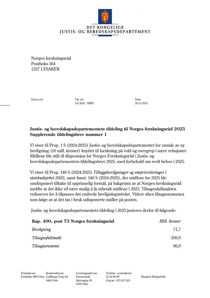 Forsiden av dokumentet Tildelingsbrev Norges forskningsråd 2025 - tillegg nr. 1