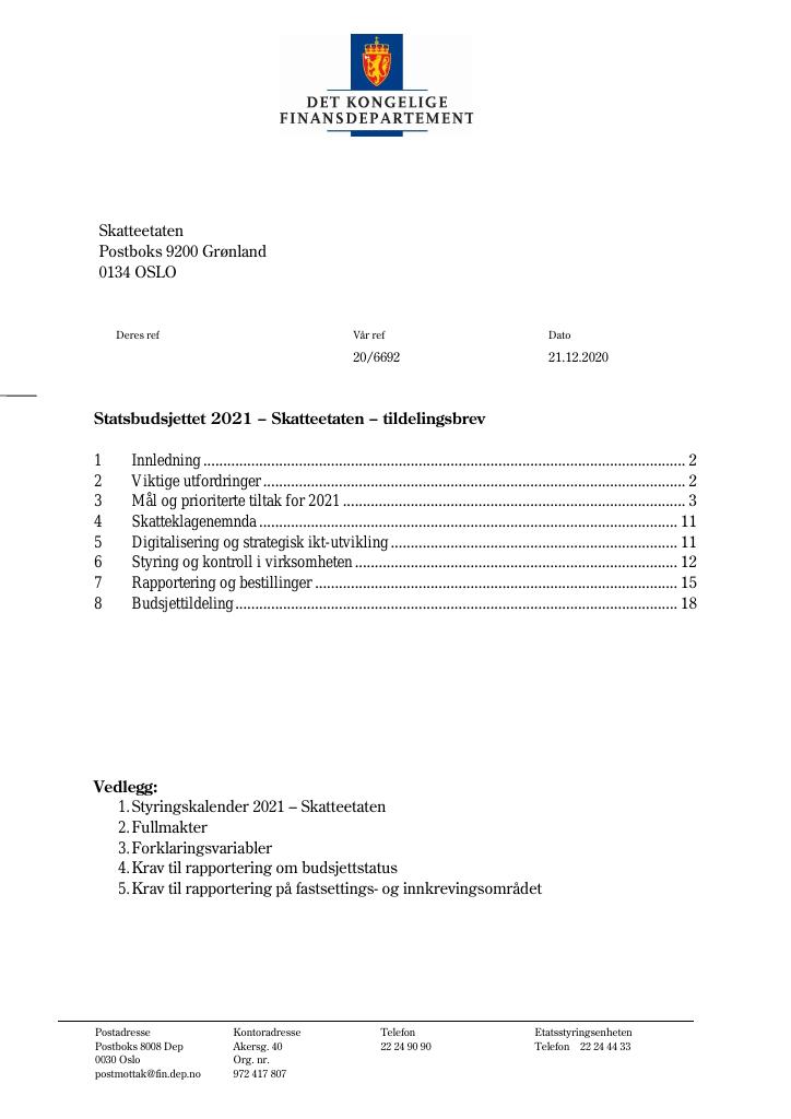 Forsiden av dokumentet Tildelingsbrev Skatteetaten 2021