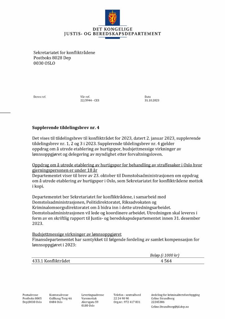 Forsiden av dokumentet Tildelingsbrev Konfliktrådet 2023 - tillegg nr. 4