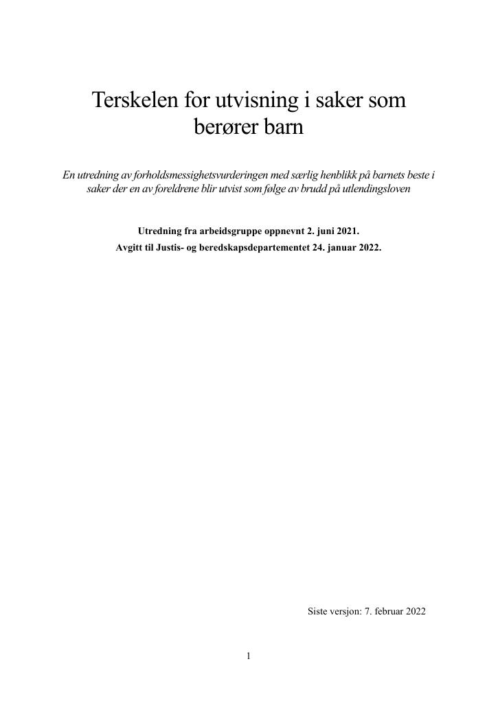 Forsiden av dokumentet Terskelen for utvisning i saker som berører barn