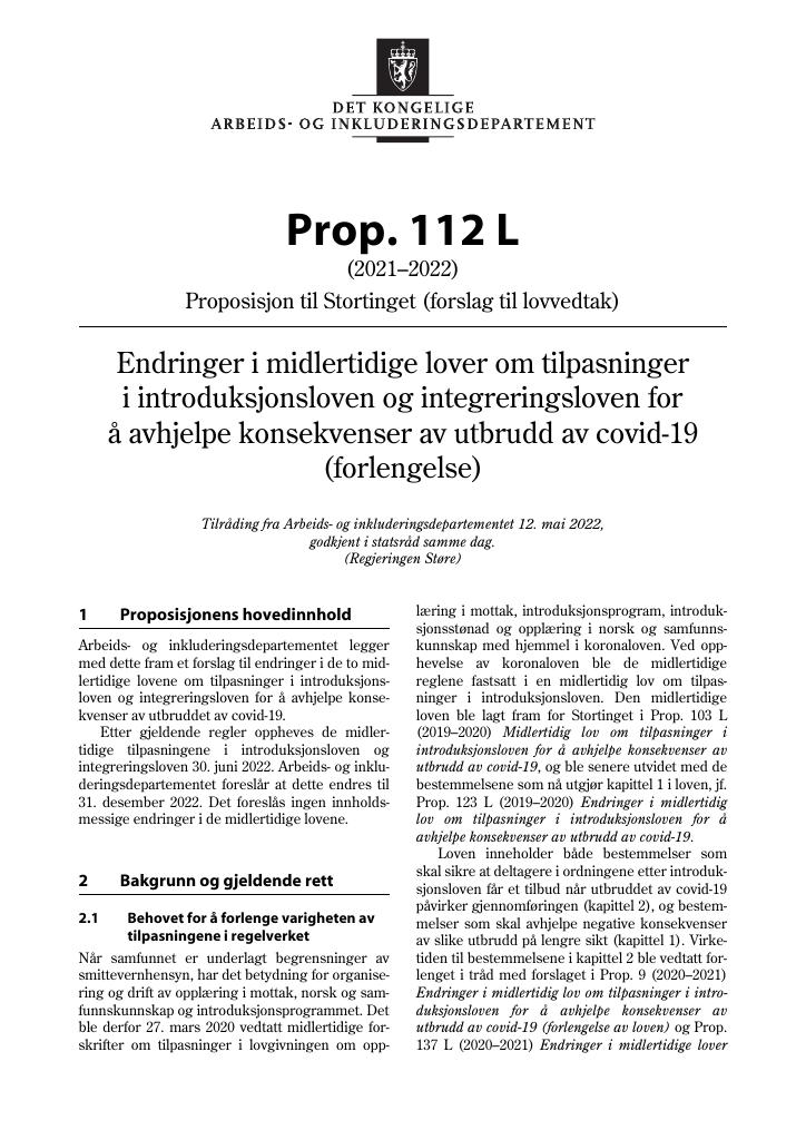 Forsiden av dokumentet Prop. 112 L (2021–2022)