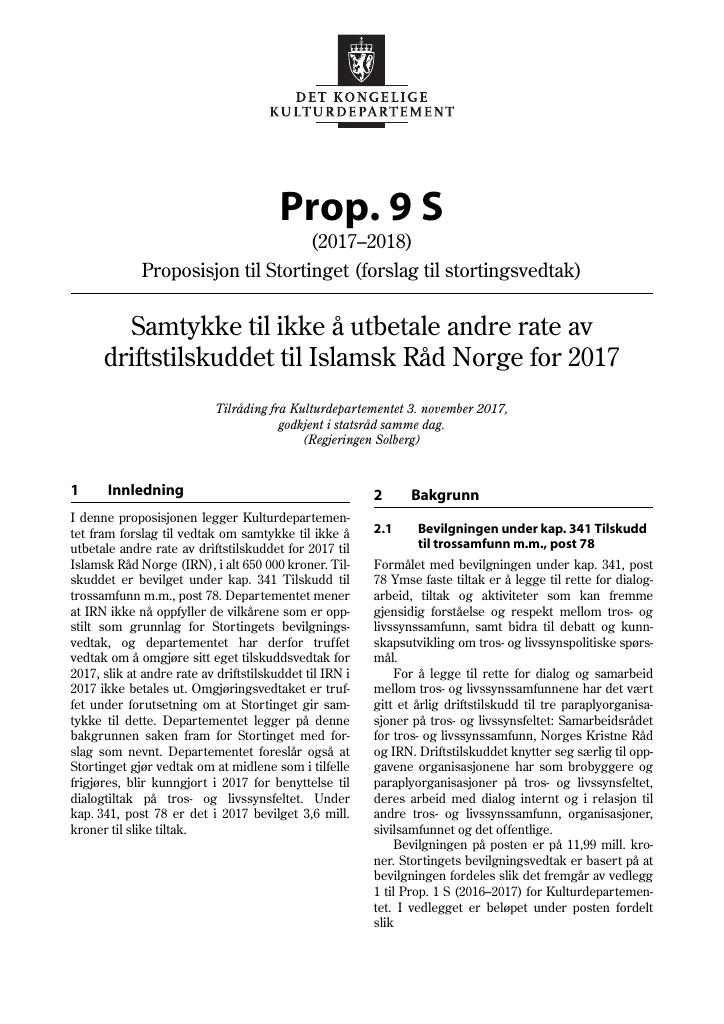 Forsiden av dokumentet Prop. 9 S (2017–2018)