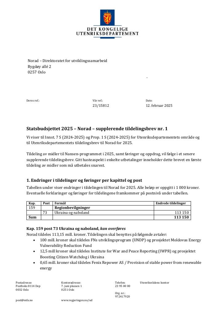 Forsiden av dokumentet Tildelingsbrev Norad 2025 - tillegg nr. 1
