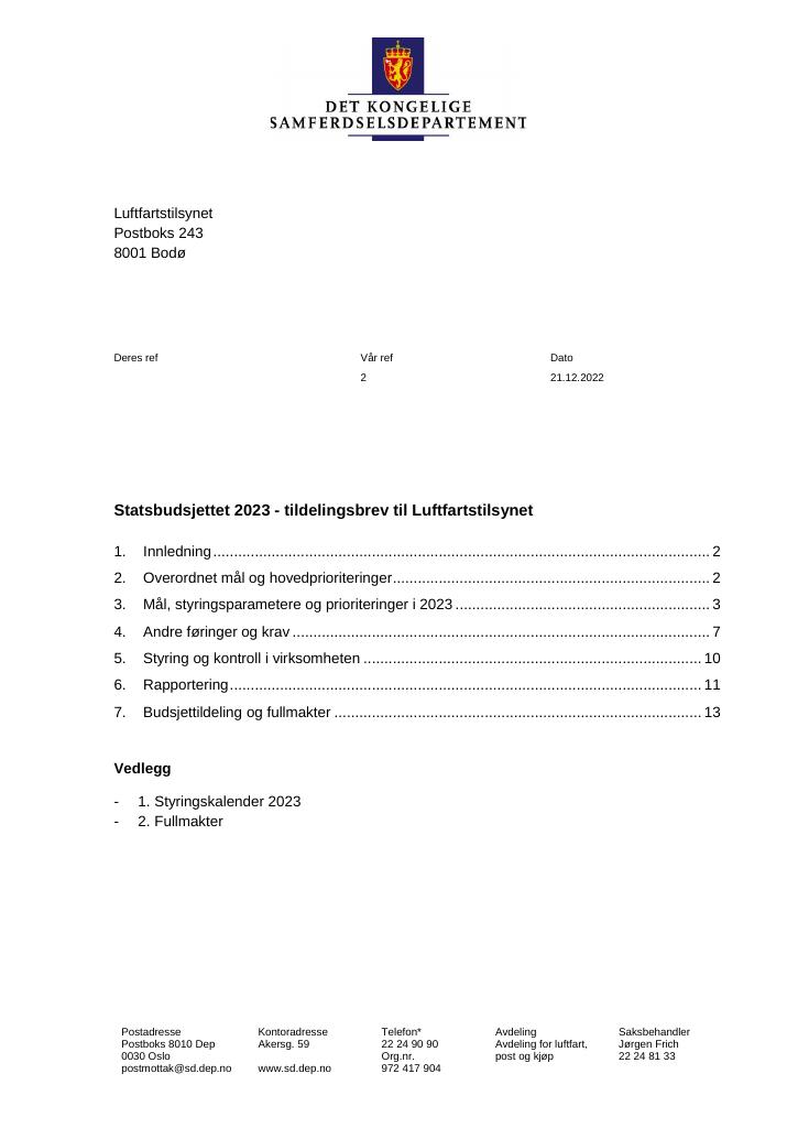 Forsiden av dokumentet Tildelingsbrev Luftfartstilsynet 2023