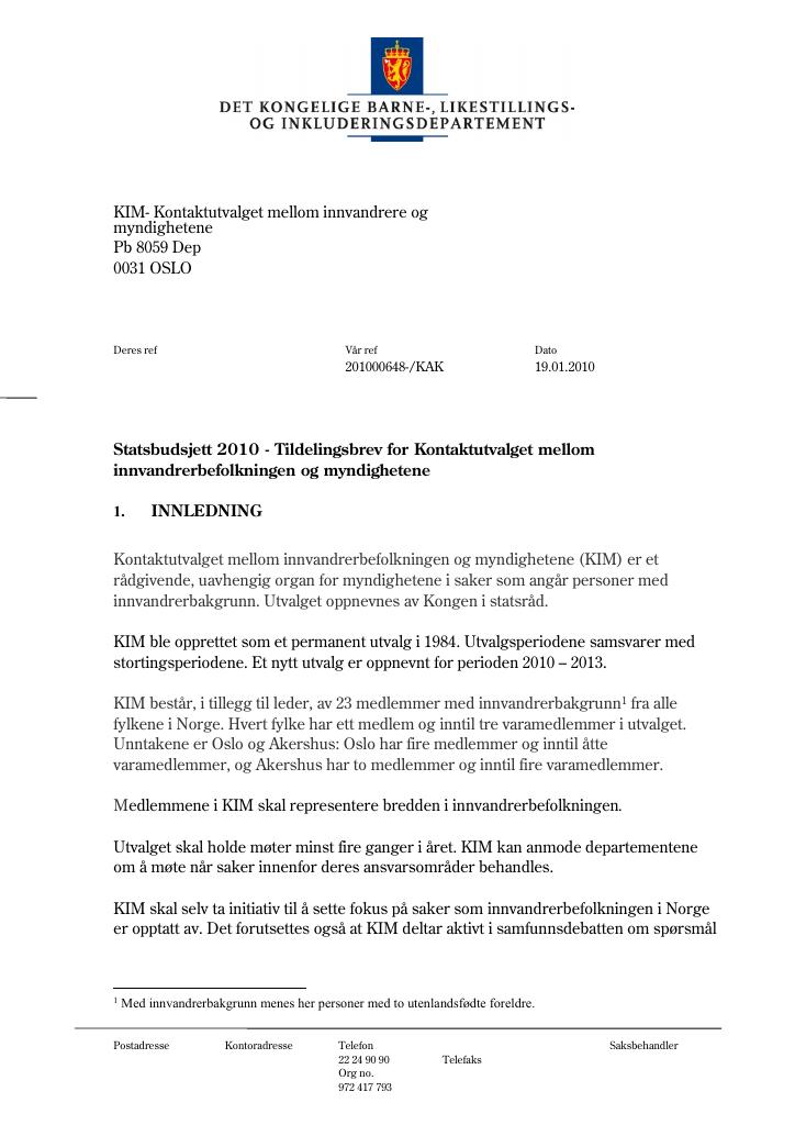 Forsiden av dokumentet Tildelingsbrev Kontaktutvalget mellom innvandrerbefolkningen og myndighetene 2010
