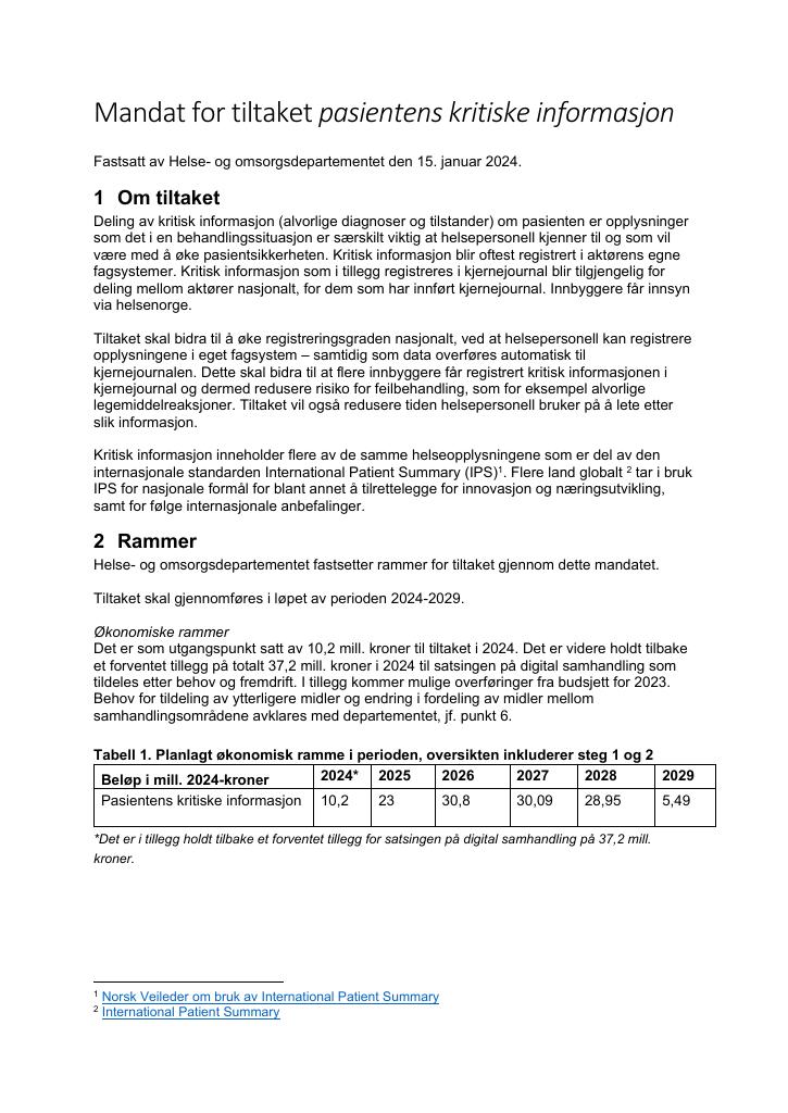 Forsiden av dokumentet supplerende mandat pasientens kritiske informasjon 2024