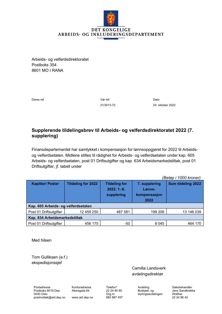 Forsiden av dokumentet Tildelingsbrev Arbeids- og velferdsdirektoratet 2022 - tillegg nr. 7