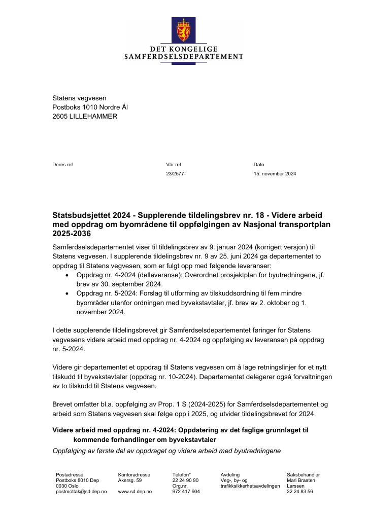 Forsiden av dokumentet Tildelingsbrev Statens vegvesen 2024 - tillegg nr. 18