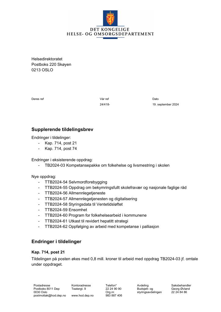 Forsiden av dokumentet Tildelingsbrev Helsedirektoratet 2024 - tillegg