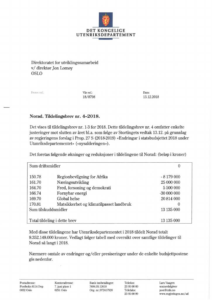 Forsiden av dokumentet Tildelingsbrev Norad 2018 - tillegg nr. 4