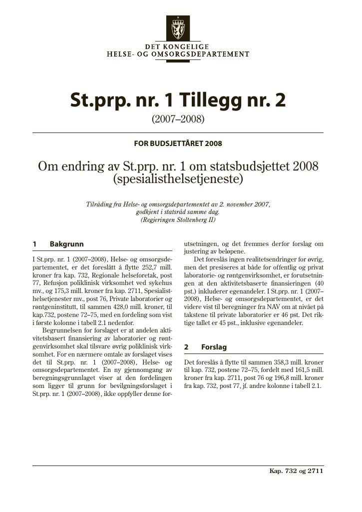 Forsiden av dokumentet St.prp nr. 1 Tillegg nr. 2 (2007-2008)